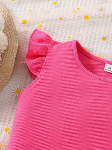 SHEIN Bộ 2 món cho bé gái, gồm áo thun và quần short cổ tròn không tay màu vàng in họa tiết hoa cầu vồng, có nơ trang trí, thích hợp mặc hàng ngày, đi học và chơi thể thao. - Màu Hồng Tươi - Xem 6