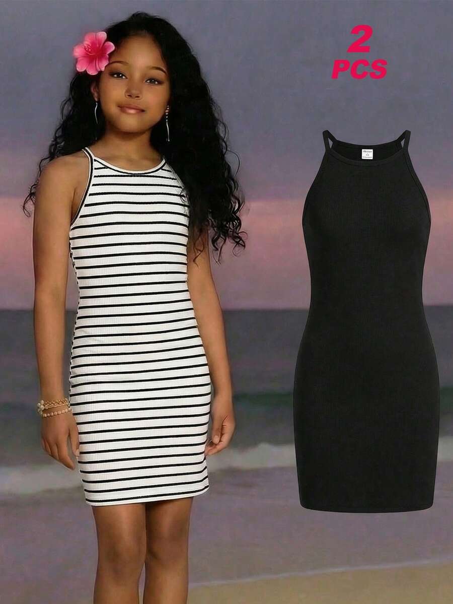SHEIN Sparklyn Soft Striped Fitted Basic Dress Set For Teenage Girls - Black and White - View 1