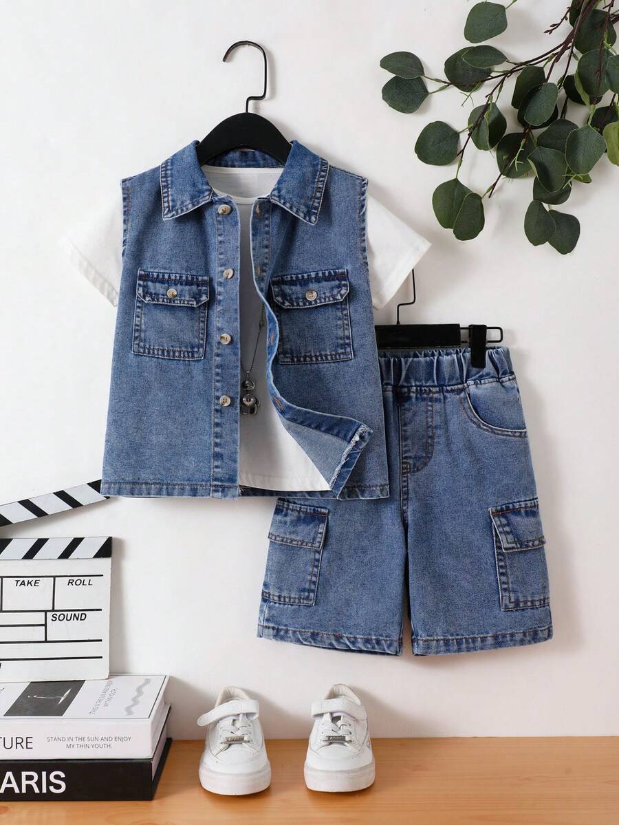 SHEIN 男童 2 件組牛仔套裝，夏季新品休閒中藍色復古無袖上衣搭配多口袋寬鬆短褲，時尚度假風