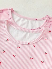 Tween Girl 2-Piece Pajama Set Includes: 1 Bowknot Print Set And 1 Cherry Print Striped Set, Short Sleeve Top And Shorts - Multicolor - View 4