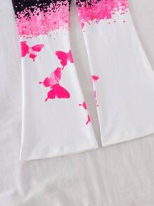Set de 2 piezas de camiseta de manga corta con estampado de mariposa de color contrastante y pantalones acampanados con estampado de mariposa de color contrastante, adecuado para uso al aire libre en verano, para niñas jóvenes de moda minimalista - Multicolor - Ver 8