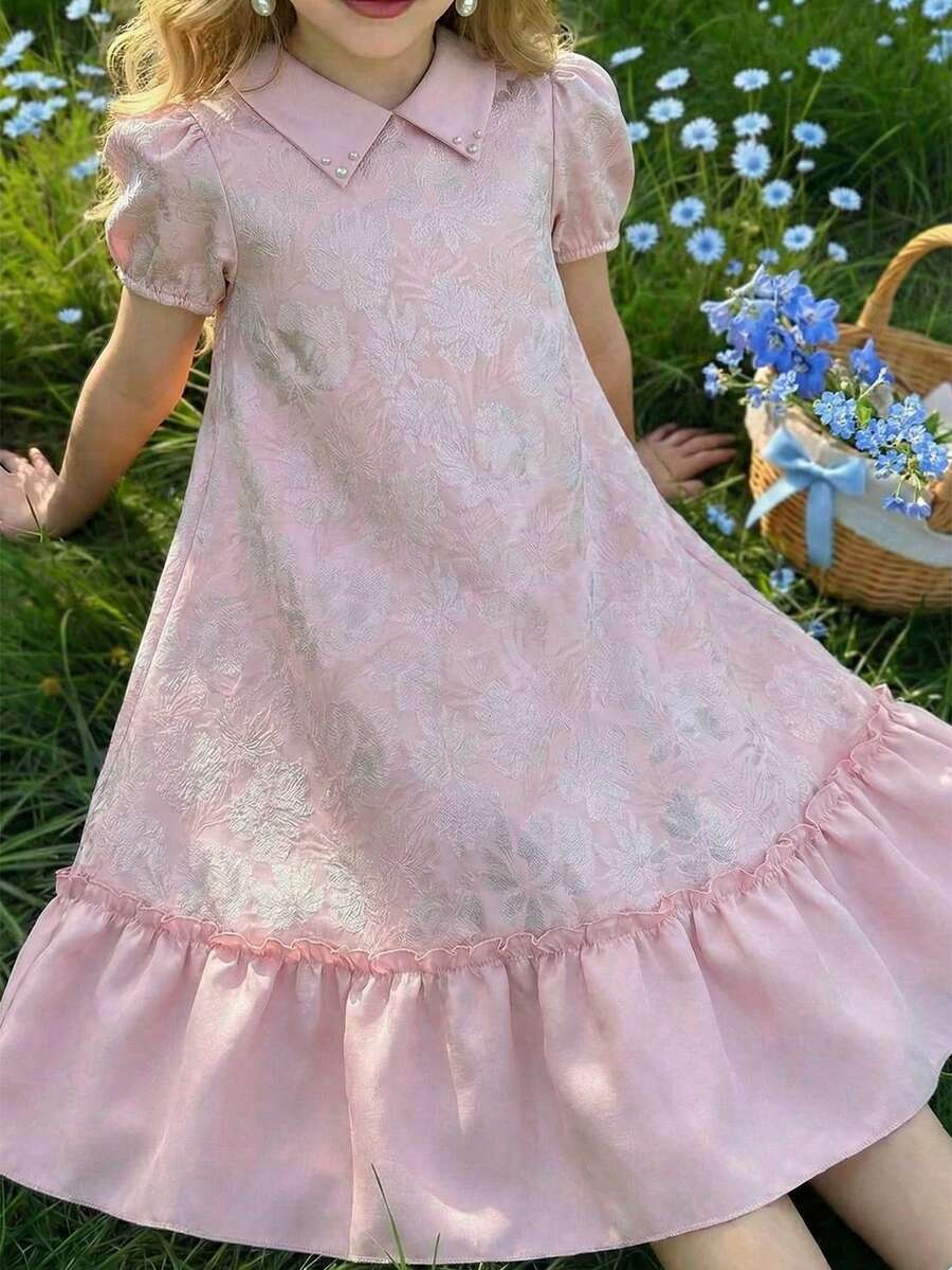 SHEIN 少女优雅奢华公主风泡泡袖中长A字连衣裙,提花奢华光泽质感面料,欧根纱拼接下摆,公主风装饰,尽显奢华质感 - 金色 - 查看 1