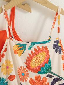 SHEIN Sparklyn 2pcs/Set Girls' Summer Sleeveless Dresses,Solid Orange-Red Floral Print,Ruffle Hem,Boho Holiday Vacation Beach Matching Dresses For Sisters,Loose Fit - Multicolor - View 7