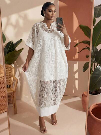 SHEIN Lady CURVE Vestido elegante de manga corta con cuello en V y encaje floral para mujer de talla grande