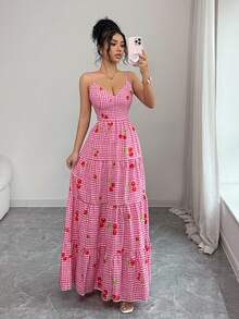SHEIN Franclia Đầm hai dây màu hồng anh đào dáng xòe, thắt eo, dễ thương, thoải mái cho kỳ nghỉ hè, đầm mùa hè cho nữ, đầm anh đào cho nữ, đầm maxi mùa hè cho nữ, đầm dã ngoại, đầm hồng mùa hè, đầm nơ sau lưng, đầm maxi kẻ caro, đầm kẻ caro, đầm dâu tây cho nữ, đầm maxi cho nữ, đầm maxi nơ sau lưng, đầm dài mùa hè, đầm anh đào Gigi, đầm kẻ caro hồng, đầm dã ngoại cho nữ, đầm in hình anh đào, đầm nữ, đầm in hình anh đào cho nữ, đầm cho nữ, đầm đi nghỉ hè, đầm dã ngoại cho nữ, đầm kẻ caro - Hồng - Xem 4