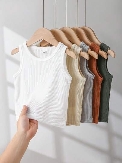 SHEIN Playful Pals Bộ 5 áo ba lỗ dệt kim màu trắng, thích hợp mặc trong, cho các hoạt động ngoài trời, mặc thường ngày, du lịch, phù hợp cho bé trai từ 6 tháng đến 3 tuổi.