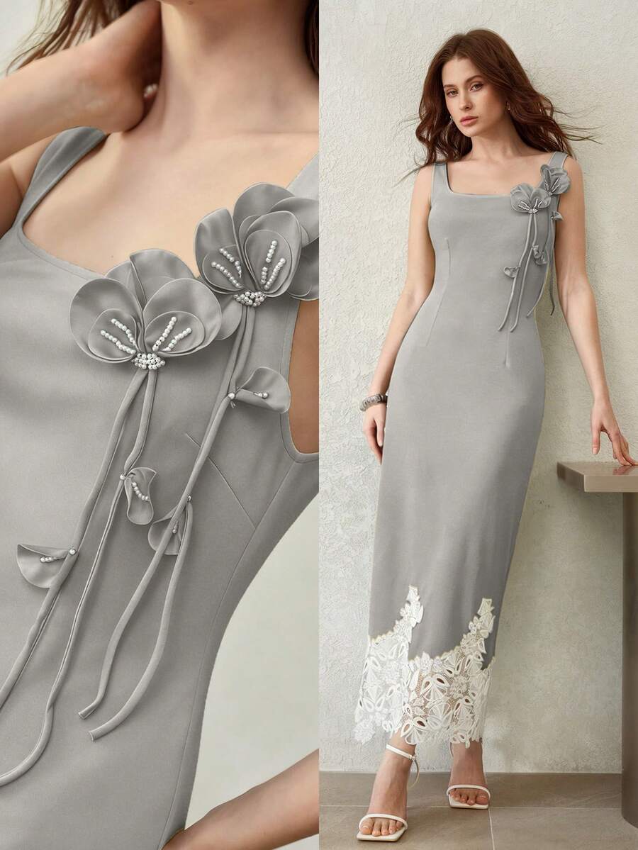 MOTF PREMIUM VESTIDO DE PUNTO CON APLICACIÓN DE ROSA ELEGANTE PARA MUJER - Gris - Ver 1