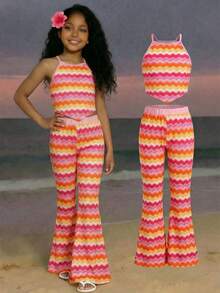 Sparklyn 2pcs/Set Tween Girls Vacation Beach Colorful Striped Squishy Jacquard Contrast Color Halter Crop Top + Flare Pants Outfit, Summer Clothes - Multicolor - View 4