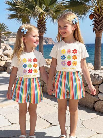 [ 2 Piezas ] Niñas de 4-7 años, Estilo fresco y dulce/Estilo de arcoíris vibrante Conjunto de 2 piezas ligero y enérgico con llamativa impresión floral colorida + SWEET LOVE Letra cuello redondo manga corta + Pantalones cortos a rayas verticales de arcoíris para uso diario, campus, vacaciones en la playa, actividades del Día del Niño en primavera, verano y otoño