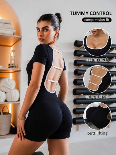 Seamluxe SHEIN Sport 1pc Seamless Crew Neck Short Sleeve High Stretch U-Back Romper For Women, Lifting Bust, Lifting Buttocks, Arm Control Bodysuit Tummy Control Backless Body Shaper Bodyshaper Bodysuit Bodysuits For Women Workout Bodysuit