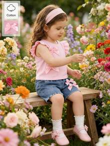 SHEIN Playful Pals 2pcs/Set Young Girls Summer Casual Outfit,Light Pink Ribbed Sleeveless T-Shirt With 3D Ribbon Bow Decor & Blue Denim Shorts,School Cute Clothes Set - Pink - View 7