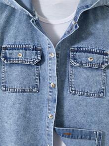 SHEIN Vacaura 两件套男童牛仔背心和工装短裤，夏季新品，休闲街头风，浅蓝色水洗牛仔布，适合返校穿着，松紧腰带+工装口袋设计，宽松直筒版型，柔软棉质牛仔面料，适合日常穿着、外出、上学、聚会等各种场合。 - 淺色水洗藍 - 查看 5