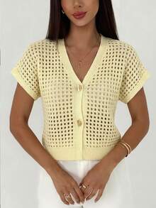Aloruh Women's Casual Vacation Short Sleeve Single-Breasted Thin Cardigan - Yellow - View 6