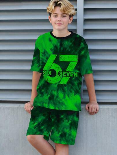 Spring And Summer 2-Piece Outfit: Casual Creative Splatter Paint Numeric 67 Print Short T-Shirt And Shorts Set, Comfortable Daily Wear For Teenage Boys