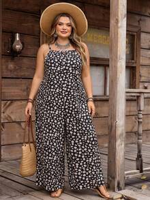 SHEIN CURVE+ Bộ áo liền quần nữ cỡ lớn họa tiết hoa, dây mảnh, thích hợp cho ngày Quốc khánh 4 tháng 7, ngày 1 tháng 7/trang phục tốt nghiệp màu đỏ, trắng và xanh dương, áo liền quần mùa xuân/hè. - Nhiều màu - Xem 3