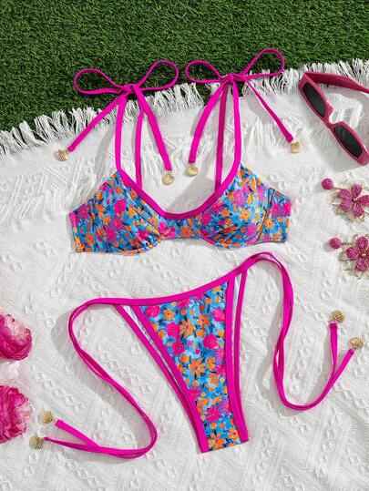 Swim Vcay New Arrival Rose Pink Floral Sexy Backless Fashion Beach Women Bikini Set