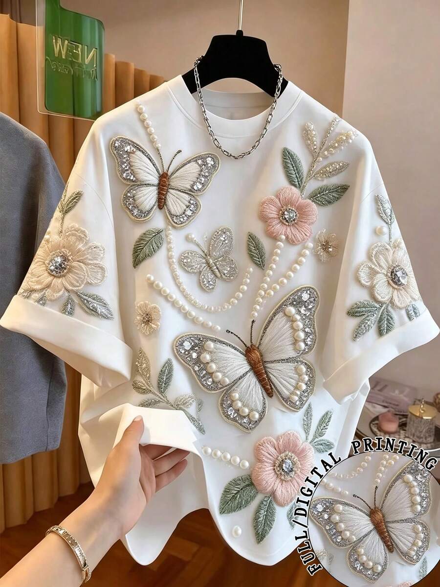 INAWLY 大码女式多功能蝴蝶花朵图案圆领短袖T恤 - 白色 - 查看 1