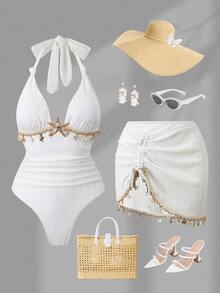 Swim Oasis Women White Summer Elegant Holiday Pool Party One-Piece Swimsuit & Skirt Set,Halter V-Neck Shell Starfish Tassel Buckle Textured Bathing Suit Outfit - White - View 1