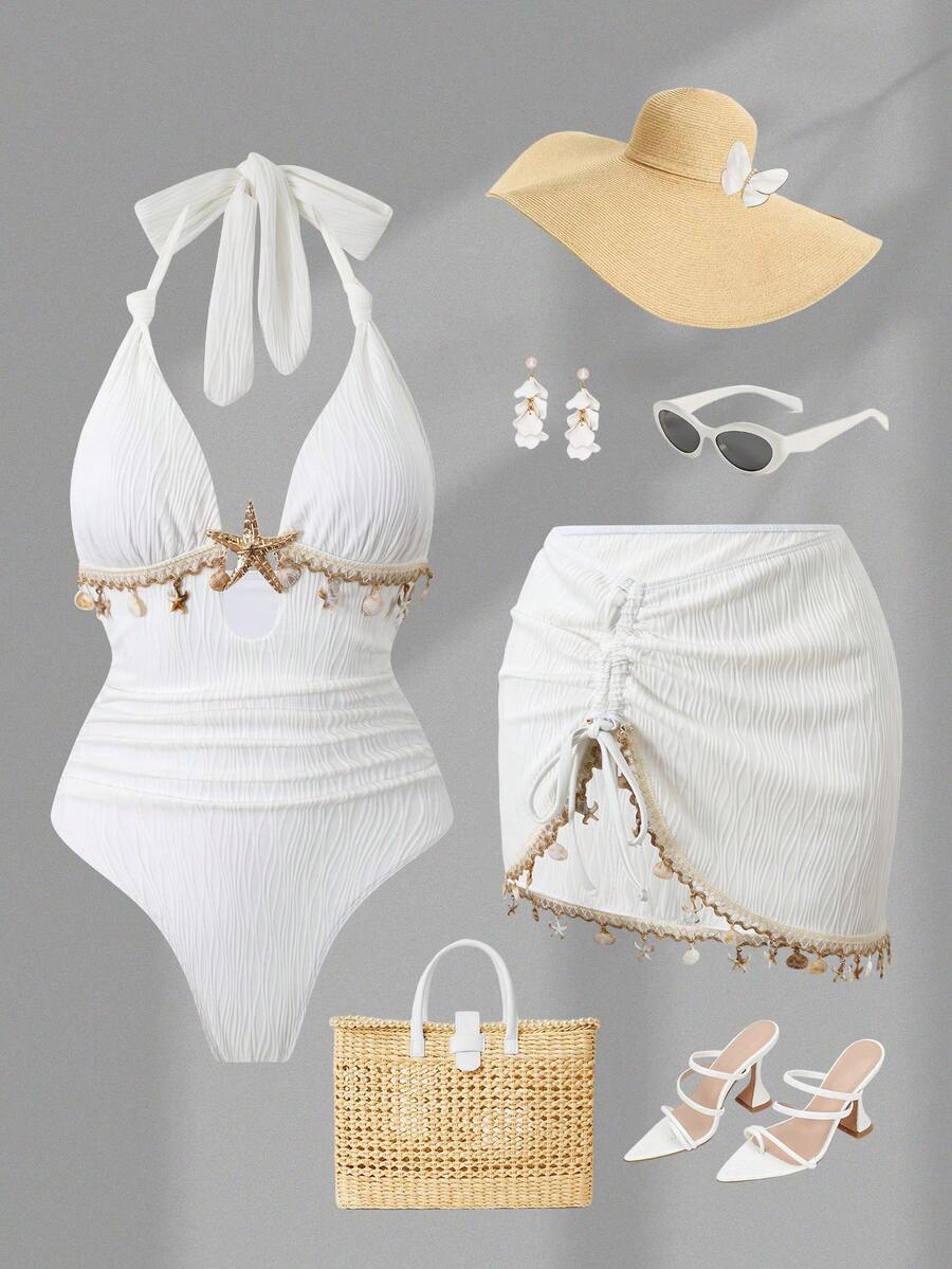 Swim Oasis Women White Summer Elegant Holiday Pool Party One-Piece Swimsuit & Skirt Set,Halter V-Neck Shell Starfish Tassel Buckle Textured Bathing Suit Outfit - White - View 1