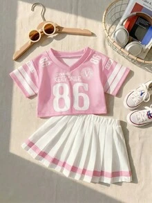 Souflis Souflis 2件套女婴幼儿0-3岁时尚V领粉色短袖针织上衣和百褶裙套装 - 粉色 - 查看 2