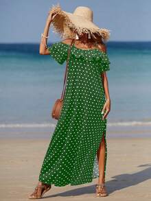 Breezaya Đầm nữ chấm bi trễ vai xếp ly, kiểu dáng thời trang cho kỳ nghỉ. - màu xanh lá - Xem 6
