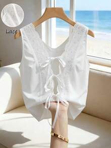 Trelyra Women's White Lace Patchwork Bowknot Sleeveless Fitted Jacket, Suitable For Daily Wear, Vacation And Travel - White - View 1