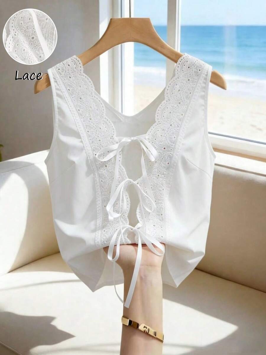 Trelyra Women's White Lace Patchwork Bowknot Sleeveless Fitted Jacket, Suitable For Daily Wear, Vacation And Travel - White - View 1