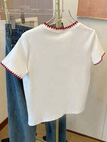 SHEIN Playful Pals 4-7岁女童圆领爱心图案休闲短袖T恤，舒适时尚，适合夏季日常穿着和旅行，充满活力。 - 彩色 - 查看 2