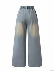 SHEIN 少女复古做旧喇叭牛仔裤，休闲百搭黑色牛仔裤，饰有3D蝴蝶结，适合所有季节 - 淺色水洗藍 - 查看 2