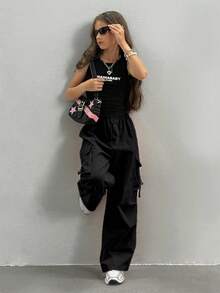 Teen Girls' Fashionable Versatile Solid Color Cargo Pants - Black - View 3
