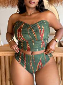 Slaydiva 2026 Spring/Summer Plus Size Random Print Minimalist Tankini Swimwear Set For Women - Green - View 3