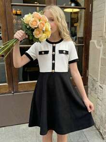 SHEIN 少女撞色系带金属扣装饰短袖A字连衣裙 - 黑與白 - 查看 4