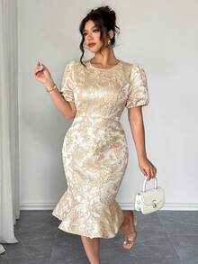 Elenzga Đầm mini satin sang trọng cổ tròn tay ngắn ôm eo công chúa đường may tay bồng thêu họa tiết hoa bướm màu sâm panh ôm sát cơ thể kiểu đuôi cá viền xếp nếp lãng mạn kiểu Pháp thanh lịch, sang trọng, mùa xuân/hè - Rượu sâm banh - Xem 5
