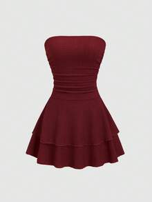 Sweetra Women's New Minimalist Solid Color Strapless Knit Mini Dress, Multi-Layer Cake Dress - Burgundy - View 3