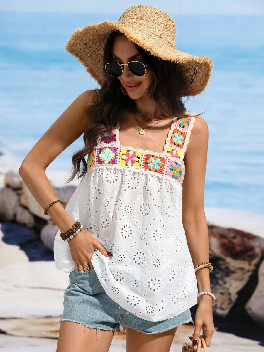 SHEIN Holidaya Áo tank top nữ móc len Spring Hollow thời trang, dáng ôm, thích hợp mặc mùa hè, áo đi nghỉ mát, áo phong cách boho mùa hè, áo nữ đi biển mùa hè, trang phục mùa hè cho nữ, trang phục nghỉ hè, áo trắng, áo thêu, áo tank top móc len nhiều màu sắc, áo vest nữ, áo trắng nữ, áo khoét lỗ, áo tank top nữ, trang phục đi biển mùa hè cho nữ, áo kiểu kín đáo, áo mùa hè cho nữ, trang phục đi nghỉ mát mùa hè cho nữ, áo nữ đi biển mới nhất - trắng - Xem 1
