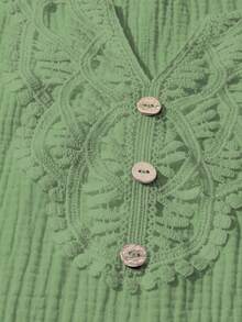 Linhara Plus Size Women Contrast Lace Button Design Short Sleeve Casual Shirt - Green - View 4