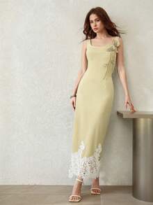 MOTF PREMIUM WOMEN'S ELEGANT ROSE APPLIQUE KNIT DRESS - Pale Yellow - View 5