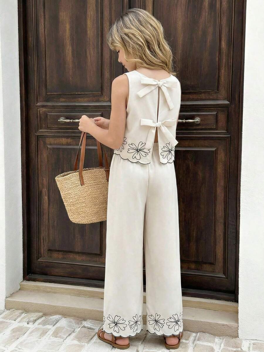 SHEIN Serisse Kids Conjunto elegante de vacaciones para niña preadolescente con blusa bordada y pantalones de pierna ancha - Albaricoque - Ver 1
