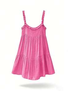 Swim Vcay Women's Summer Beach Solid Color Sleeveless Frill Trim Tie Front Cover Up Dress - Hot Pink - View 7