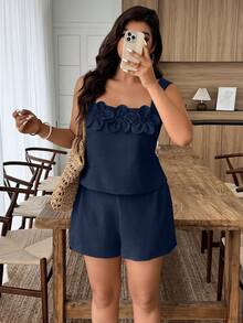 Weeklong Plus Size Women Spring/Summer Square Neck 3D Floral Decor Casual Shorts Set - Navy Blue - View 1