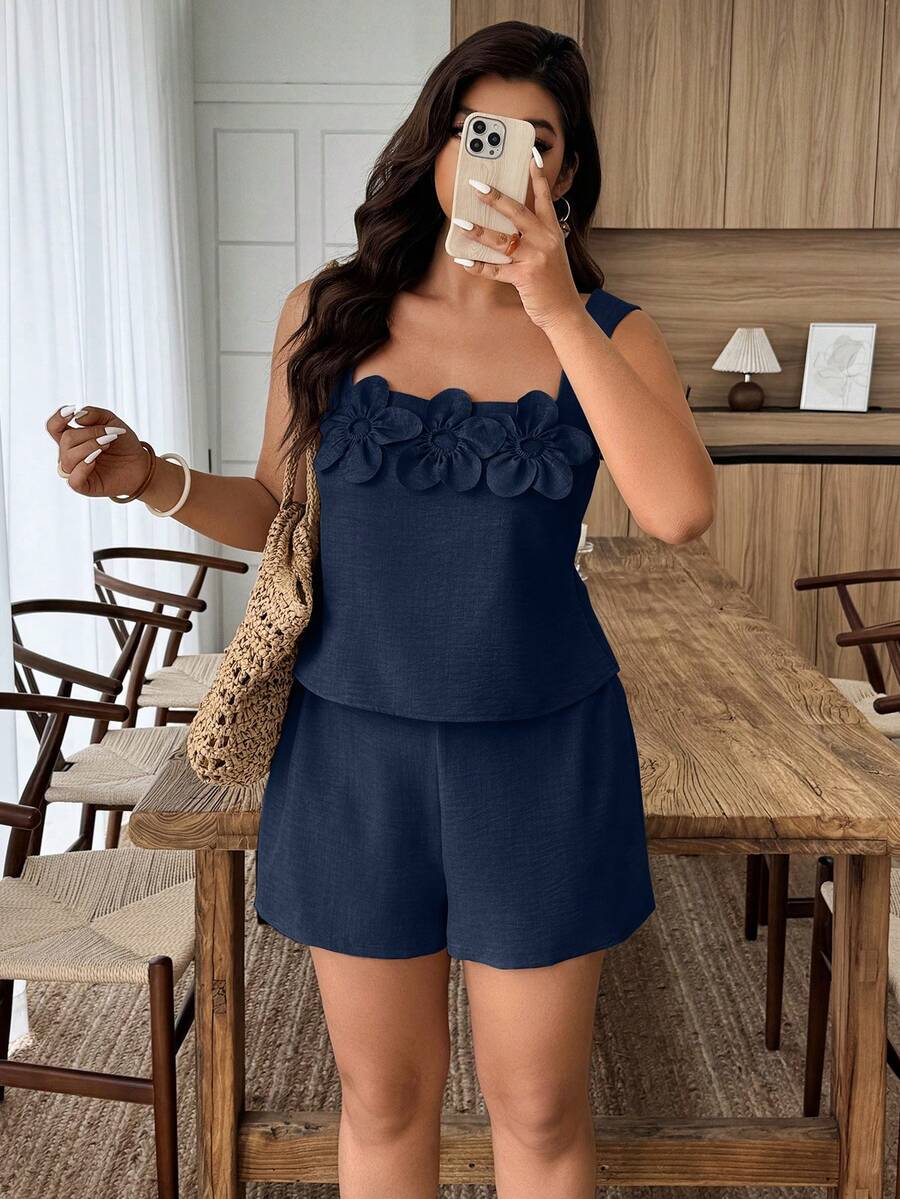 Weeklong Plus Size Women Spring/Summer Square Neck 3D Floral Decor Casual Shorts Set - Navy Blue - View 1