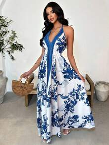 Vavine Vestido de tirantes con estampado de anacardo para vacaciones de mujer - Azul y blanco - Ver 1