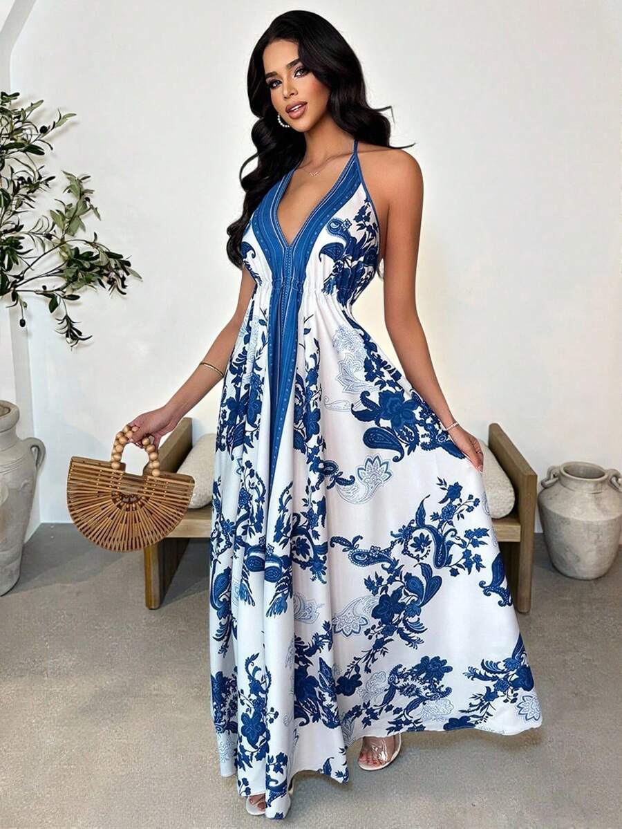 Vavine Vestido de tirantes con estampado de anacardo para vacaciones de mujer - Azul y blanco - Ver 1
