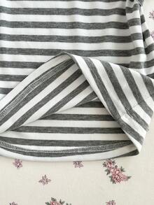 Flirla Women's Elegant Black & White Striped One-Shoulder Casual Commuting Chic T-Shirt, Spring/Summer - Grey - View 3