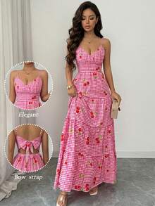 SHEIN Franclia Đầm hai dây màu hồng anh đào dáng xòe, thắt eo, dễ thương, thoải mái cho kỳ nghỉ hè, đầm mùa hè cho nữ, đầm anh đào cho nữ, đầm maxi mùa hè cho nữ, đầm dã ngoại, đầm hồng mùa hè, đầm nơ sau lưng, đầm maxi kẻ caro, đầm kẻ caro, đầm dâu tây cho nữ, đầm maxi cho nữ, đầm maxi nơ sau lưng, đầm dài mùa hè, đầm anh đào Gigi, đầm kẻ caro hồng, đầm dã ngoại cho nữ, đầm in hình anh đào, đầm nữ, đầm in hình anh đào cho nữ, đầm cho nữ, đầm đi nghỉ hè, đầm dã ngoại cho nữ, đầm kẻ caro - Hồng - Xem 5