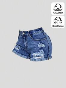 SHEIN Girlism Slitna jeansshorts med fickor och mudd för tjejer, två - Mörktvätt - Visa 5