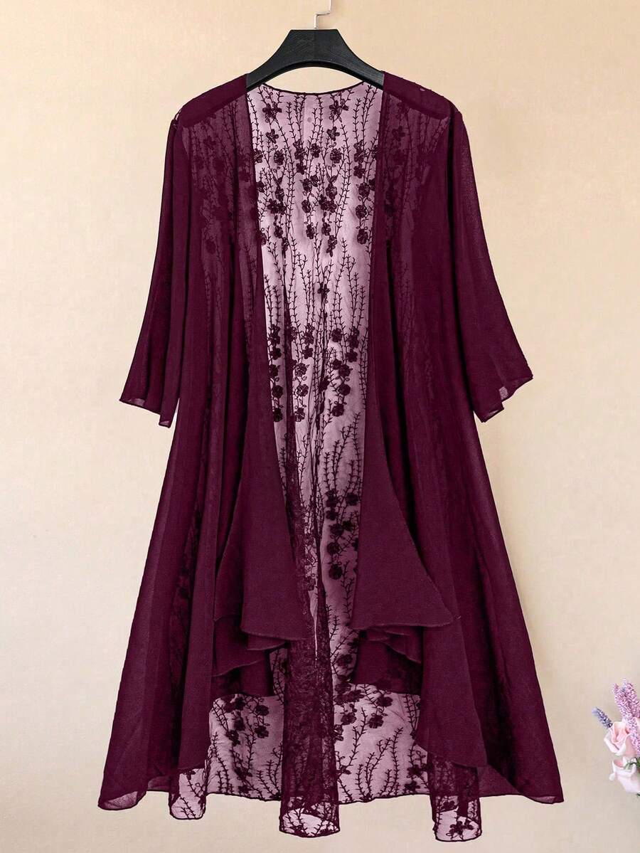 Linhara Blouse longue à manches longues en maille floquée florale à l'avant ouvert pour femmes grandes tailles - Fushia - Voir 1