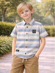 Camisa Niño Rayas Horizontales Estilo Casual - Azul - Ver 3