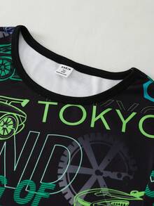 2pcs/Set Teenage Boys' Black Minimalist Colorful Racing Car Letter Print Short Sleeve Tee And Shorts Pajama Set - Black - View 8