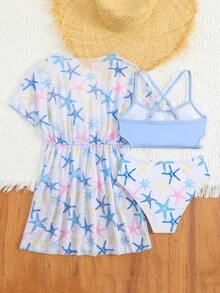 SHEIN Bộ bikini cho bé gái tuổi teen, chất liệu vải dệt kim in hình sao biển dễ thương, kiểu dáng thời trang thường ngày thanh lịch, phù hợp cho bơi lội, kỳ nghỉ hè, bãi biển, hồ bơi và các bữa tiệc. - Nhiều màu - Xem 2